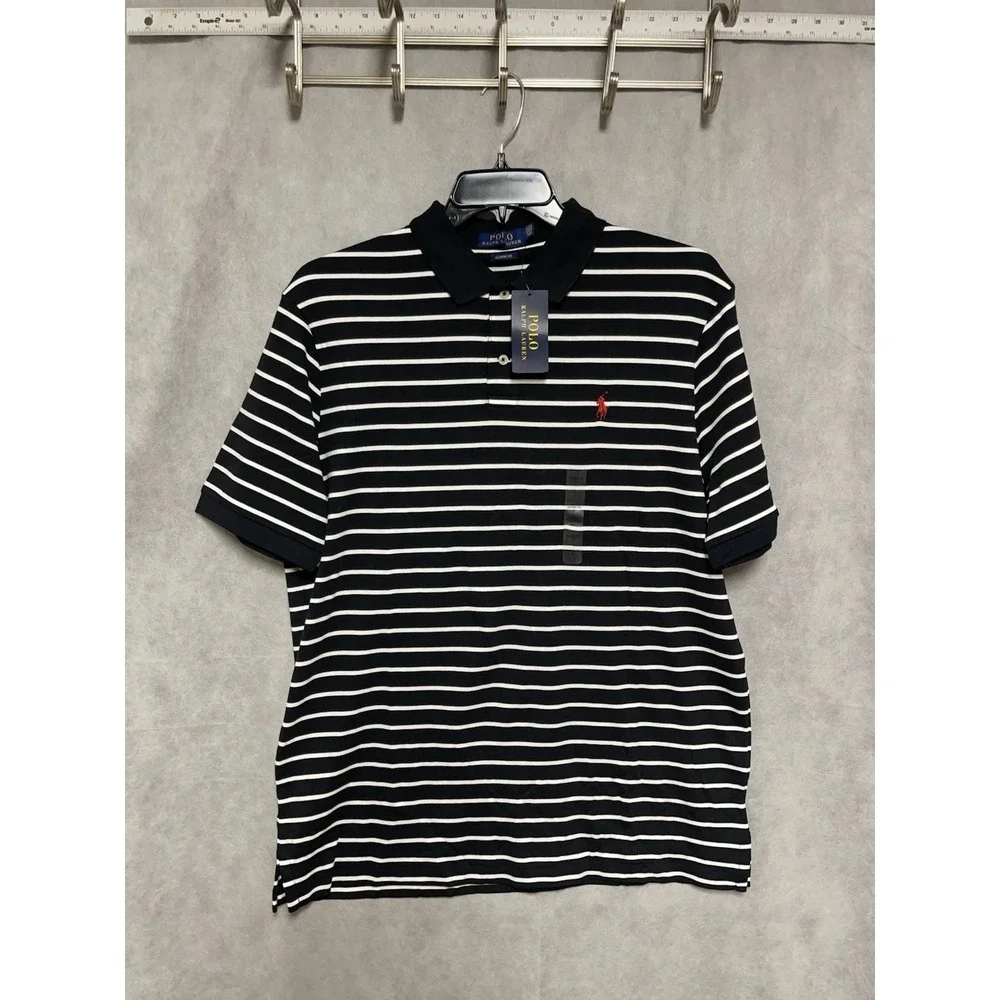 NWT Polo Ralph Lauren Polo Shirt Men L Black Stripe Classic Soft Fabric Red Pony